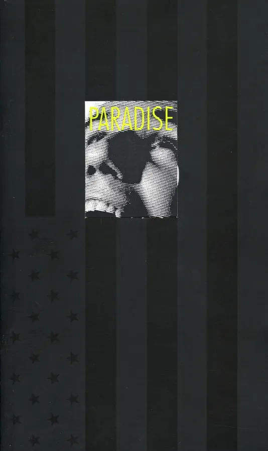 Black book cover for Trouble in Paradise features a grayscale flag and smiling face.