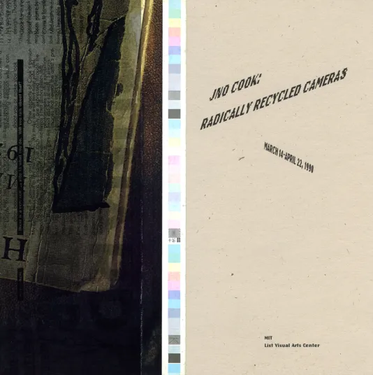 Book cover for Jno Cook: Radically Recycled Cameras features beige on the right and a colorful spine.