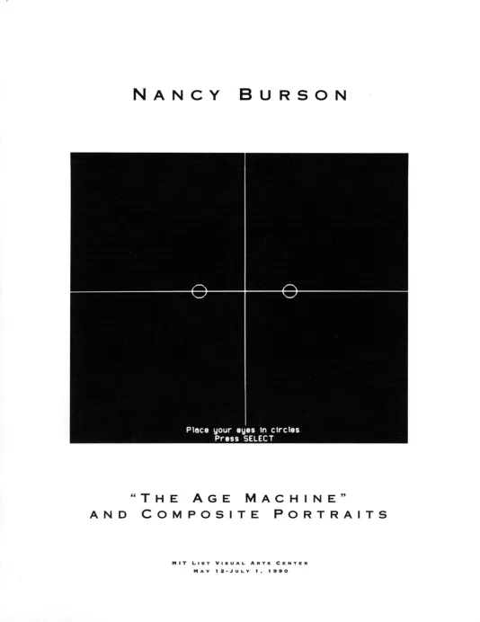 Book cover for Nancy Burson: The &quot;Age Machine&quot; and Composite Portraits features a black grid that reads &quot;Place your eyes here. Press Select.&quot;