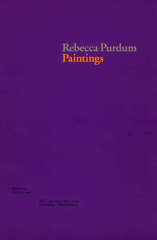 A purple book cover reads &quot;Rebecca Purdum: Paintings&quot;.