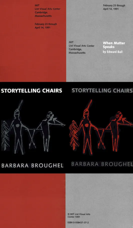 Book cover for Barbara Broughel: Storytelling Chairs featuring half red and half grey background with a black rectangle in the center with Euro-indian drawings resembling hieroglyphics.