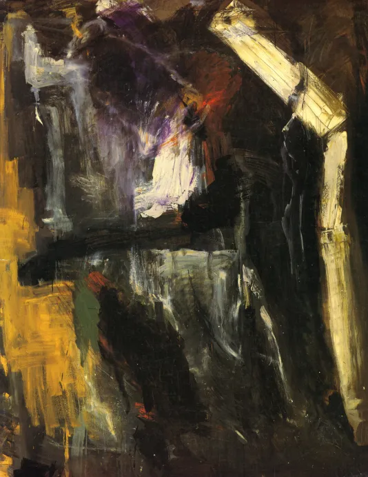 Cover for Per Kirkeby: Paintings and Drawings of a close up, abstract painting with dark colors.