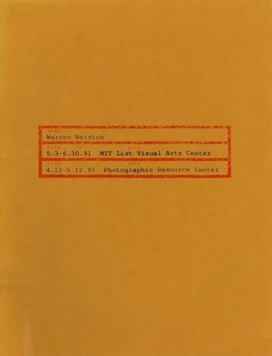 Book cover for Warren Neidich: Historical In(ter)vention resembling a yellow envelope with the exhibition title in a red box.