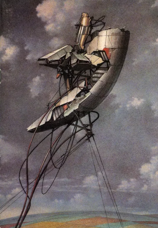 Book cover for Terra Nova: Drawings and Models by Lebbeus Woods featuring a drawing of a satellite on the edge of a plant with a backdrop of clouds.