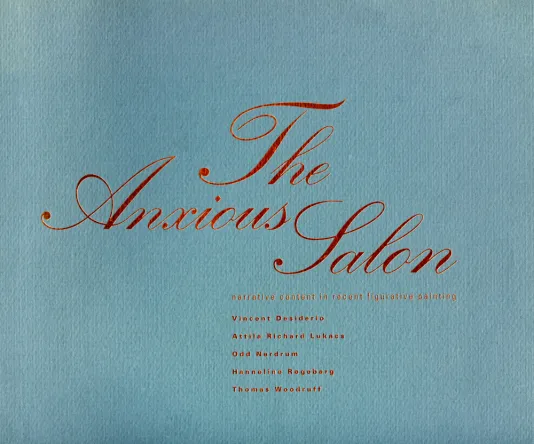 Baby blue book cover for The Anxious Salon featuring the exhibition title and artists written in rose gold, shiny cursive.