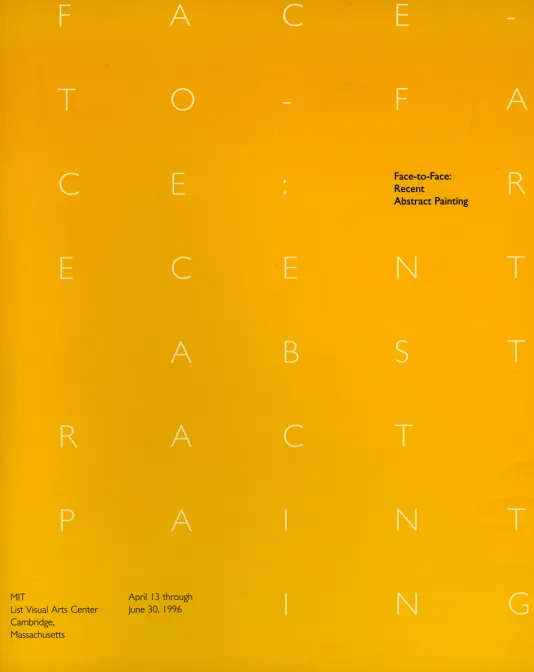 Yellow book cover for Face-to-Face: Recent Abstract Painting featuring thin white letters in orderly rows running vertically down the cover.