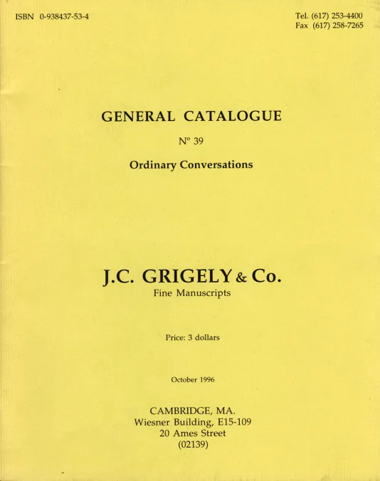 Yellow book cover for J.C. Grigely &amp; Co.: Ordinary Conversations featuring the price, title and location in small black text.