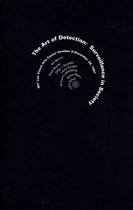 Black book cover for The Art of Detection: Surveillance in Society featuring the exhibition title, artists, and dates written in the shape of a circle.