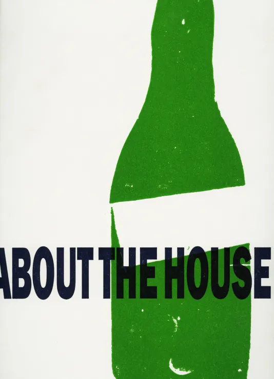 Book cover for Matthias Mansen: About the House featuring a green woodblock print of a beer bottle with a plain white label.