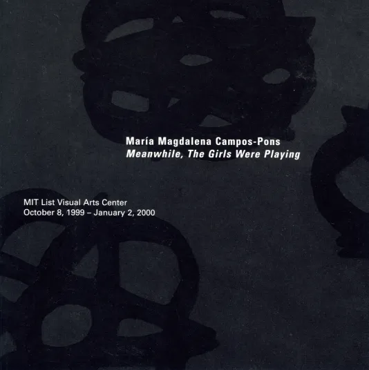 Book cover for María Magdalena Campos-Pons: Meanwhile, The Girls Were Playing featuring a dark grey background and black shapes resembling stars.