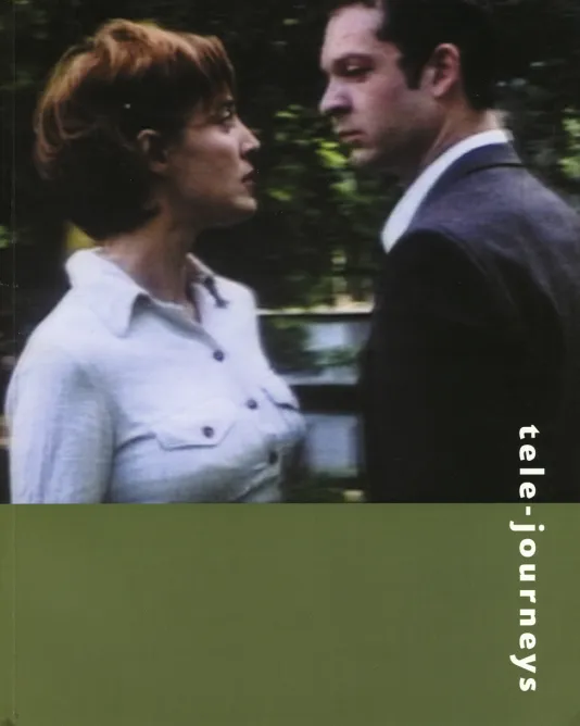 Book cover for tele-journeys featuring an image of a man and woman looking at each other and a green border at the bottom.