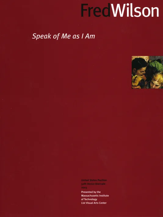 Book cover for Fred Wilson: Speak of Me as I Am featuring a marron background with a small, square image of a painting on the upper right side.