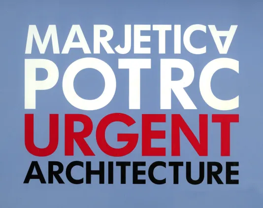 A blue cover for Marjetica Potrc: Urgent Architecture featuring the exhibition title in white, red, and black text.