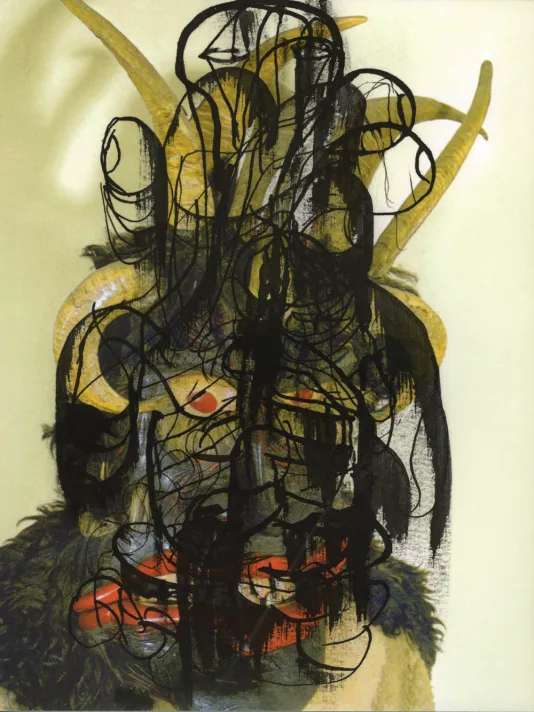 Book cover for Cameron Jamie Exhibition Catalogue featuring a drawing of a monstrous looking figure with dark black scribbled on top of it.