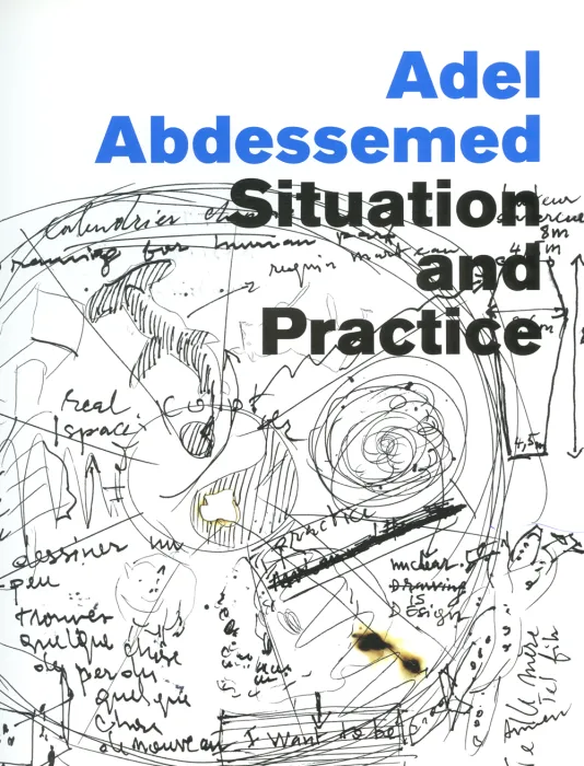 Book cover for Adel Abdessemed: Situation and Practice featuring a black sketch of a circle divided into sections with handwritten notes throughout.