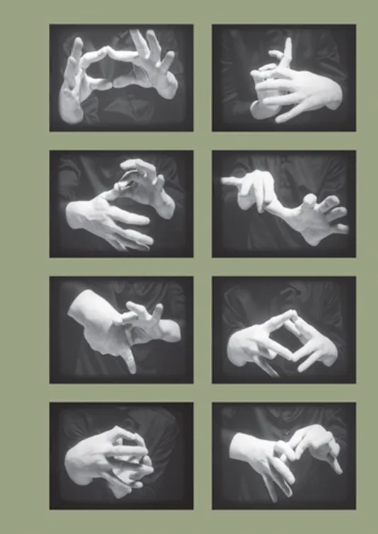 Book cover for Joachim Koester: Of Spirits and Empty Spaces featuring two columns of four photographs of a person's hands making different gestures in each photo.