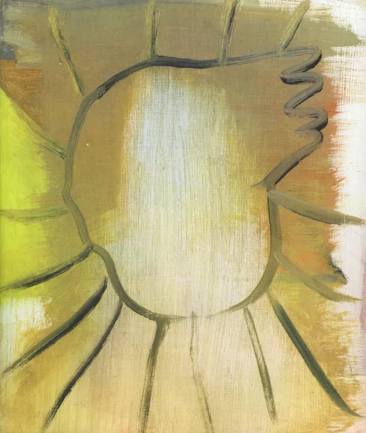 Book cover for Sonia Almeida: Forward / Play / Pause featuring one of her paintings with a yellow and orange background behind black brushstrokes.