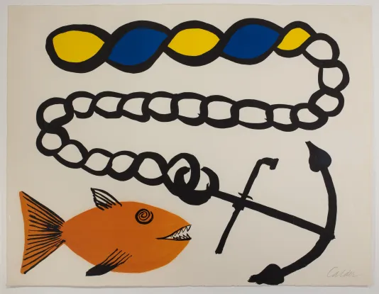Orange fish in the lower left corner swimming towards a large anchor on a black chain that has blue and yellow links on the end of it.