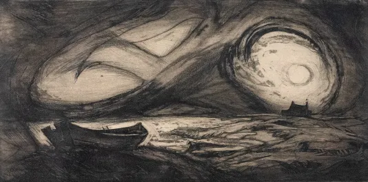 Gray sketch of a small boat on the shore of a wavy body of water and two large holes in the sky.