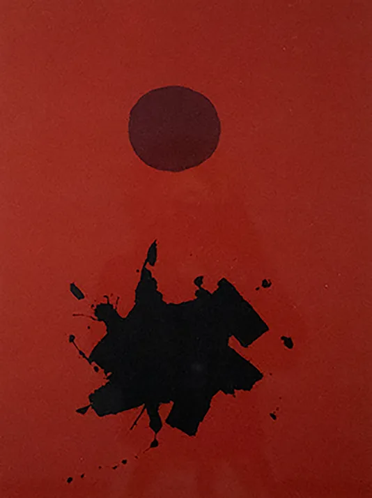 Red background with a dark red circle near the top and a black blotch of ink splattered below.