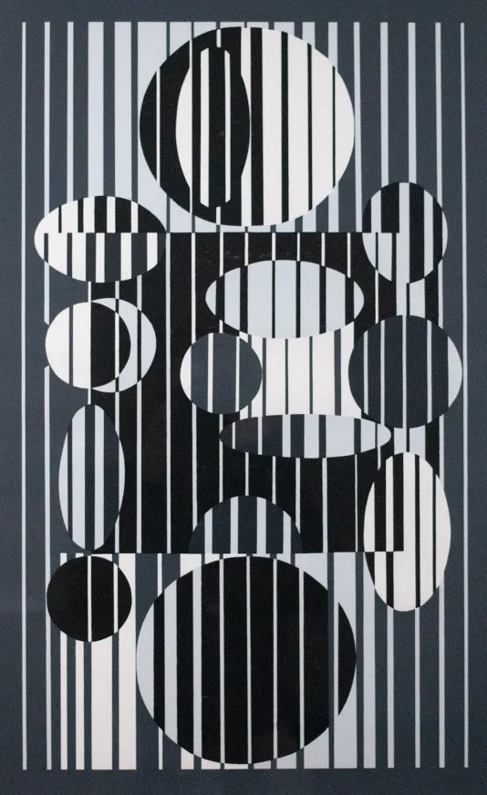 Print with ovals and circles of varying sizes that have lines running through them and the background to create an illusion.