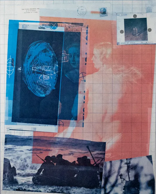 Collage like print with a blue rectangle on the left, an image of soldiers on a shore on the left and a red rectangle with a nude woman facing any from the camera on the right.