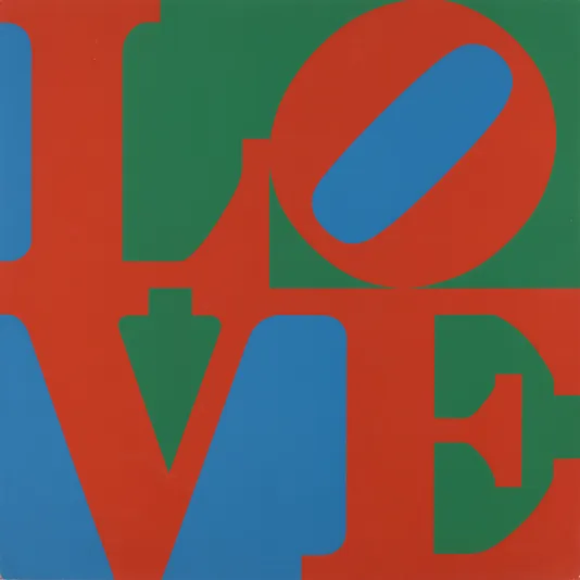 Print with the word Love spelled in bold letters with the L and O on top of the V and E on a green and blue background.