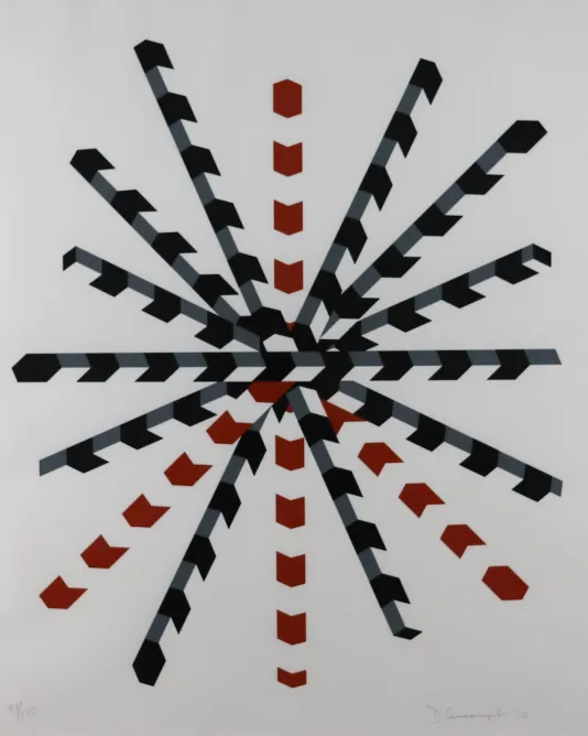 Striped three dimensional lines that all meet in the center to form an asterisk shape.