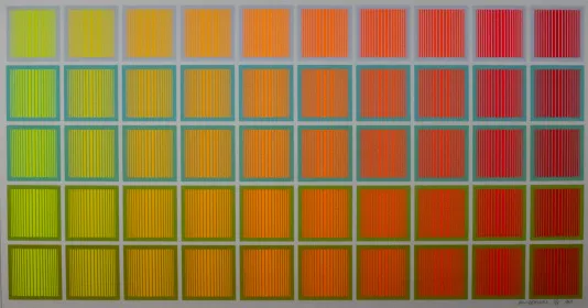 Ten rows of 5 squares that fade from light green to red from left to right.