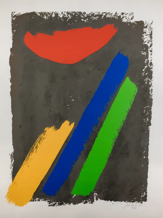 Grey background with red semicircle brushstroke on the top and yellow, blue, and green horizontal strokes going from the left lower corner up to the right.