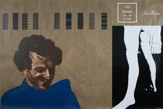 A man from the shoulders up in a blue shirt on the left and a black box on the right with white legs inside.