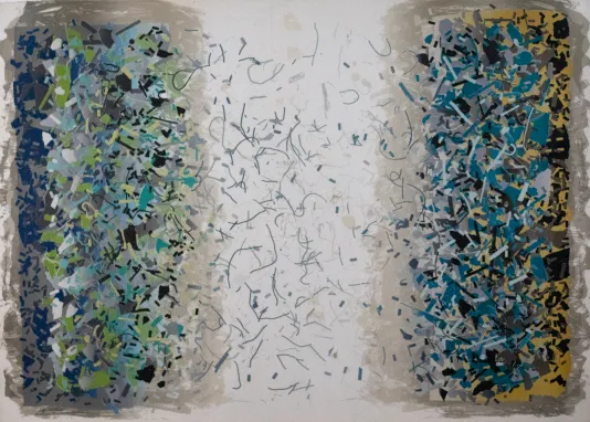 Lots of shapes on the left and right side resembling confetti as the shapes meet in the center.