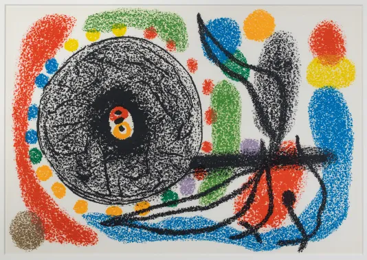 Drawing featuring filled in shapes in blue, yellow, green, red and orange with a large black circle on the left.