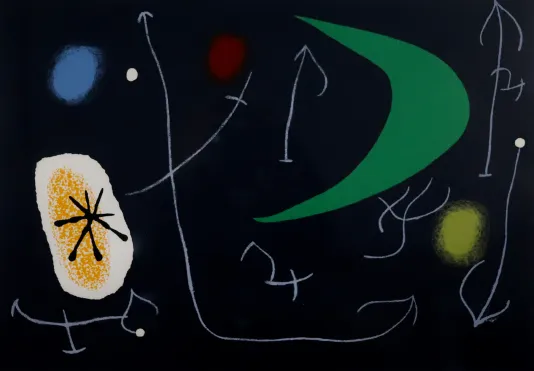 Black background with thin lines, a green crescent shape and circular shapes throughout.