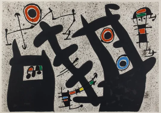 Gray speckled background with abstract figures in black with red, green, and blue shapes throughout.