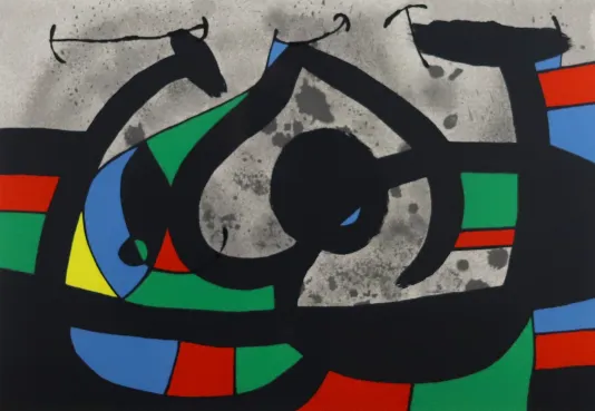 Grey background with abstract shapes in primary colors and bold black outlines.