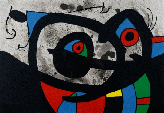 Grey background with abstract shapes in primary colors and bold black outlines.