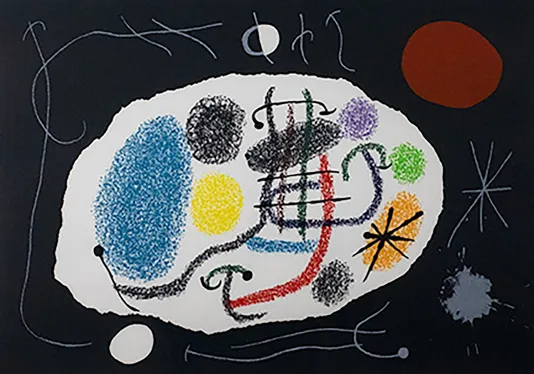 Abstract print with a black background and a white oval shape with various shapes and lines in the center.