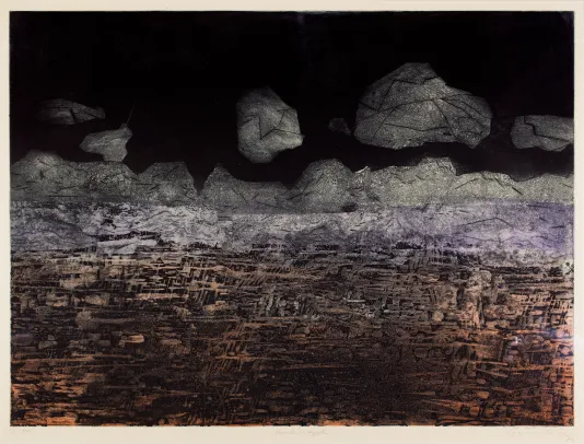 Abstract print of a textured rocks cape.