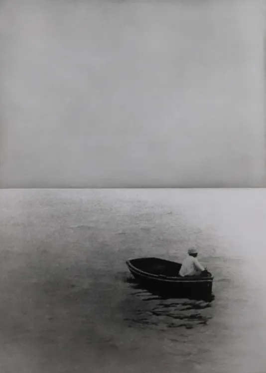Black and white print of a person in a small rowboat on a still body of water.