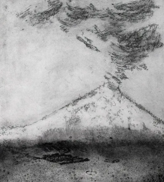 Black and white volcano print with a grainy texture and dark grey smoke coming out from the top.