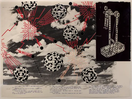 Digram graphic of atom looking shapes with red lines coming out from them with a background of a black and white photograph of clouds.