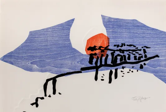 Japanese style woodblock print of a minimalistic bridge outlined in black that leads to a blue body of water and an orange circle towards the center.