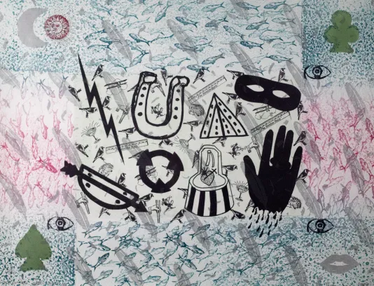 Symbols including lightning, horshoe, pyramid, mask, bow and arrow, and a hand on a background with red, blue, and gray patterns.