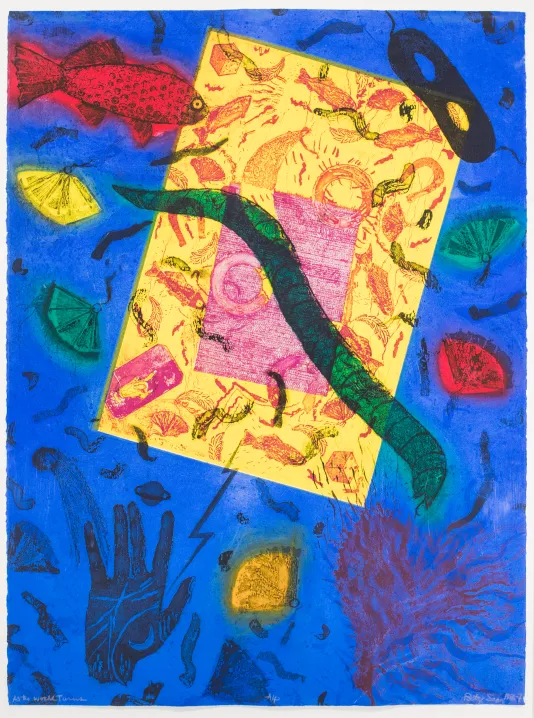 Blue background with a red fish, brown hand, black eye mask, red rose and other random shapes with a yellow rectangle in the center.