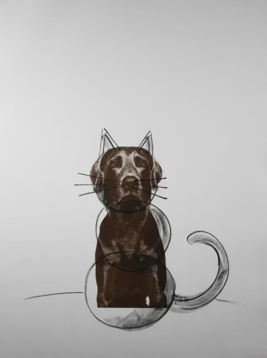 Sketch of a brown lab with a lightly sketched cat above it so the cat's ears appear on the dogs head and the cat's tail curls out from behind the dog on the right.