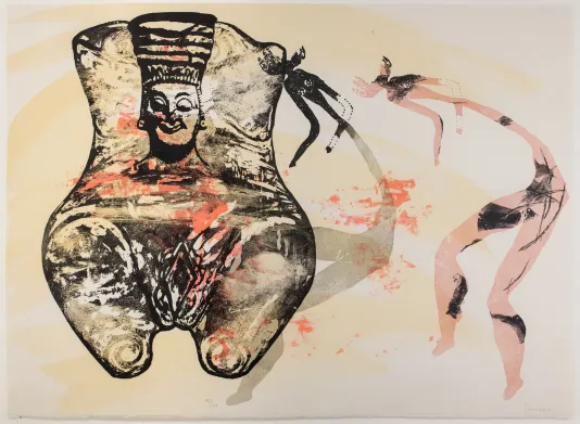 Abstract shape on the right with black ink and red ink splattered on and a person's face wearing a large crown on top. To the right, an abstract figure in light red stands over the shape on the left.