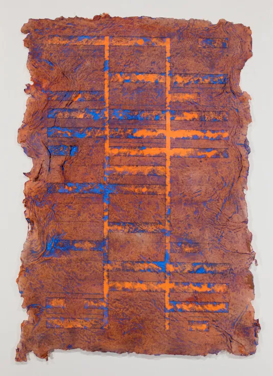 Brown background with lines that form a ladder shape in orange and splotches of blue.