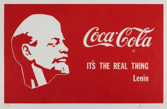 Red background with the Coca Cola logo and the words "It's the real thing Lenin" below and the silhouette of a man's face to the left.