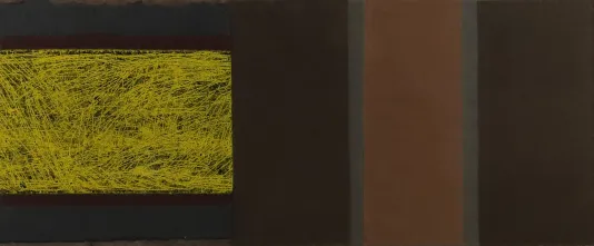 Yellow rectangle with rough texture on the left and a vertical rectangle on the right with a blue border.